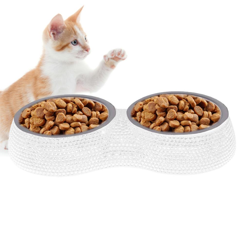 Double Pet Bowl Bling Bling Rhinestone Cat Dog Food Water Feeder